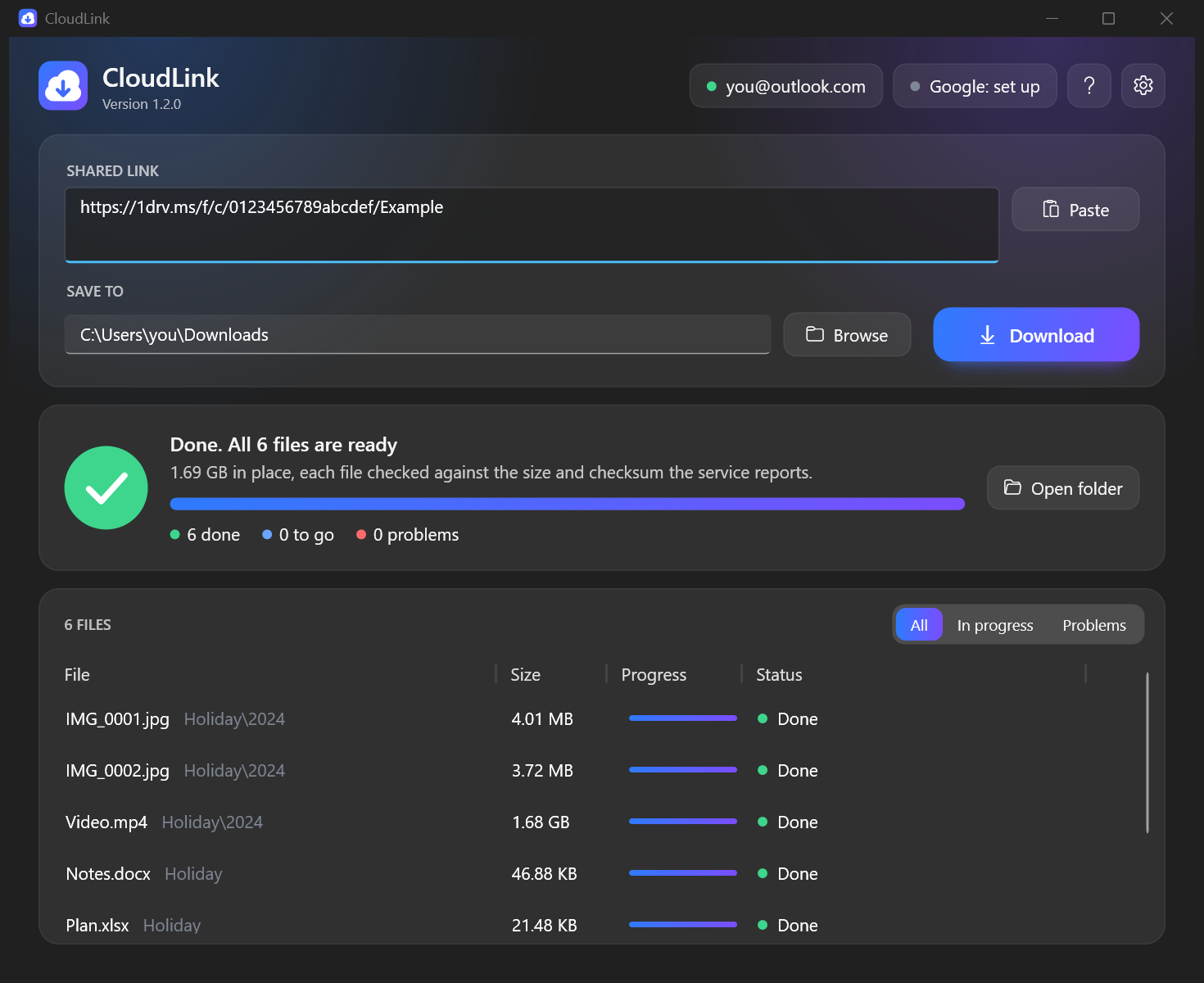 The finished download shows the files ready in your chosen destination.