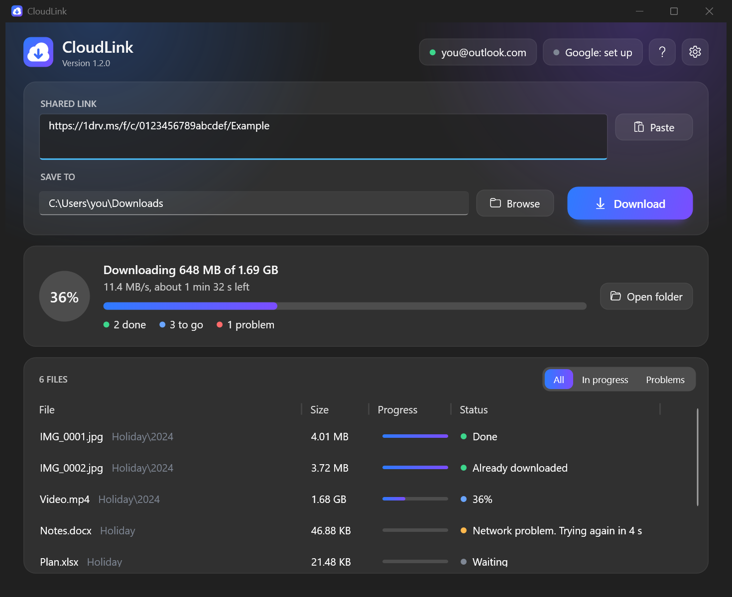 Overall progress, download speed and individual file status in the dark theme.
