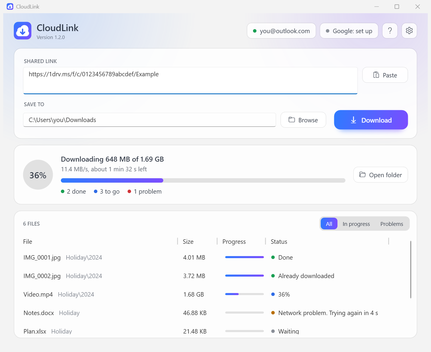 The same download controls and progress information in the light theme.