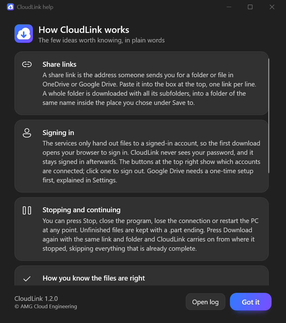 The built-in guide explains accounts, downloads, resuming and verification.